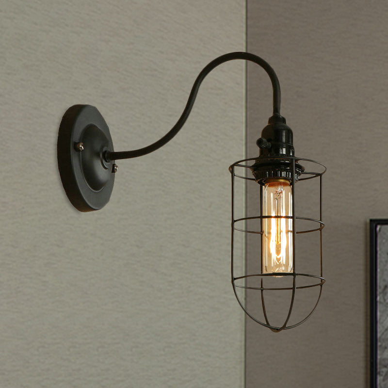 Metallic Oval/Teardrop/Bulb Wall Lighting with Wire Guard Industrial 1 Light Balcony Wall Mounted Lamp in Black Clearhalo 'Art deco wall lights' 'Cast Iron' 'Glass' 'Industrial wall lights' 'Industrial' 'Middle century wall lights' 'Modern' 'Rustic wall lights' 'Tiffany' 'Traditional wall lights' 'Wall Lamps & Sconces' 'Wall Lights' Lighting' 1420520