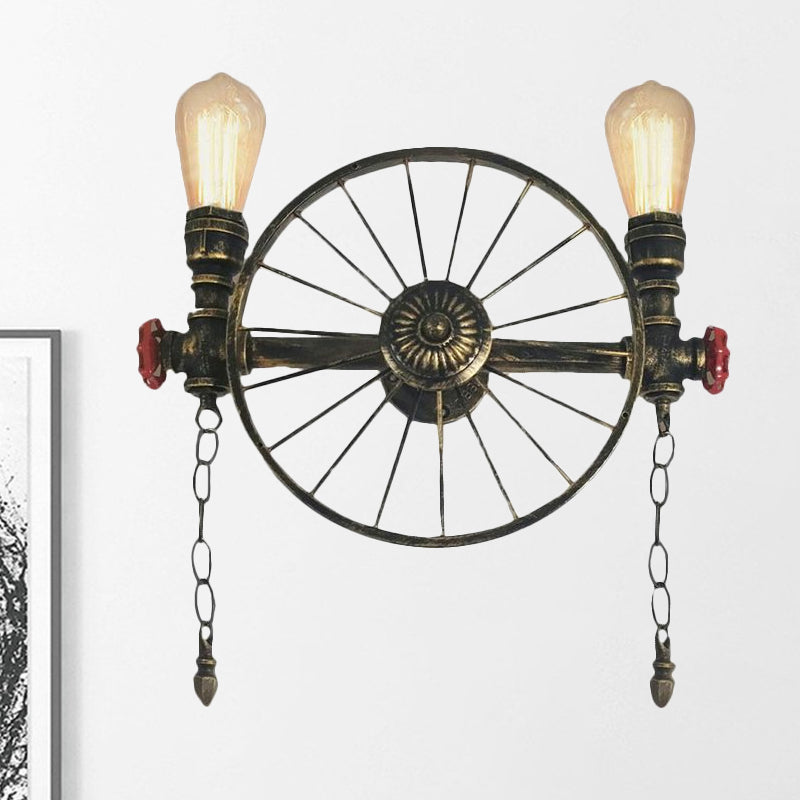 1/2-Head Bare Bulb Wall Mount Light Industrial Style Silver/Bronze/Antique Brass Wrought Iron Wall Lighting with Wheel Decoration Clearhalo 'Art deco wall lights' 'Cast Iron' 'Glass' 'Industrial wall lights' 'Industrial' 'Middle century wall lights' 'Modern' 'Rustic wall lights' 'Tiffany' 'Traditional wall lights' 'Wall Lamps & Sconces' 'Wall Lights' Lighting' 1420547