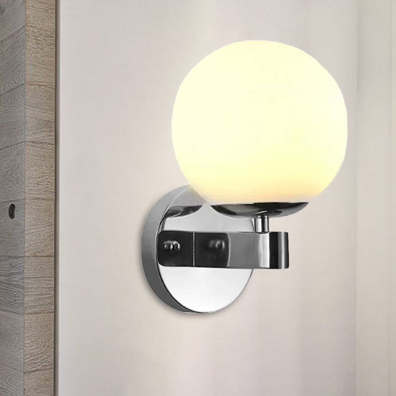 Chrome/Gold Round Wall Lighting Industrial Opal Glass 1 Light Bedroom Sconce Light Fixture Clearhalo 'Cast Iron' 'Glass' 'Industrial wall lights' 'Industrial' 'Middle century wall lights' 'Modern' 'Tiffany' 'Traditional wall lights' 'Wall Lamps & Sconces' 'Wall Lights' Lighting' 1420586