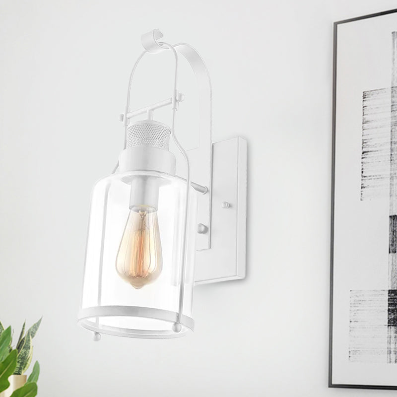 Cylinder Clear Glass Wall Mounted Lamp Industrial Single Bulb Living Room Sconce Light in Black/White/Rust with Cage Clearhalo 'Cast Iron' 'Glass' 'Industrial wall lights' 'Industrial' 'Middle century wall lights' 'Modern' 'Tiffany' 'Traditional wall lights' 'Wall Lamps & Sconces' 'Wall Lights' Lighting' 1420603