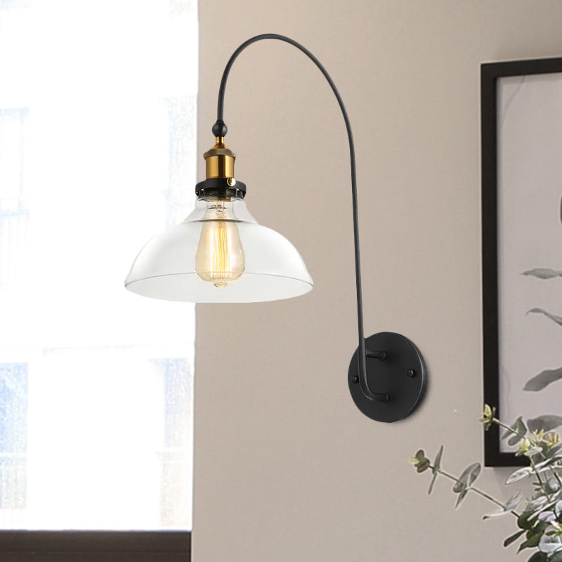 1 Bulb Barn Wall Mounted Light Fixture Industrial Antique Brass Clear Glass Lighting with Gooseneck Arm Clearhalo 'Cast Iron' 'Glass' 'Industrial wall lights' 'Industrial' 'Middle century wall lights' 'Modern' 'Tiffany' 'Traditional wall lights' 'Wall Lamps & Sconces' 'Wall Lights' Lighting' 1420618