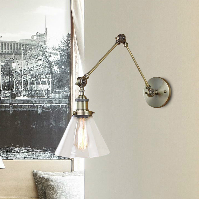 1 Light Tapered Sconce Light Fixture Vintage Style Satin Brass/Chrome/Antique Brass Clear Glass Wall Lamp for Living Room Clearhalo 'Art deco wall lights' 'Cast Iron' 'Glass' 'Industrial wall lights' 'Industrial' 'Middle century wall lights' 'Modern' 'Rustic wall lights' 'Tiffany' 'Traditional wall lights' 'Wall Lamps & Sconces' 'Wall Lights' Lighting' 1420647