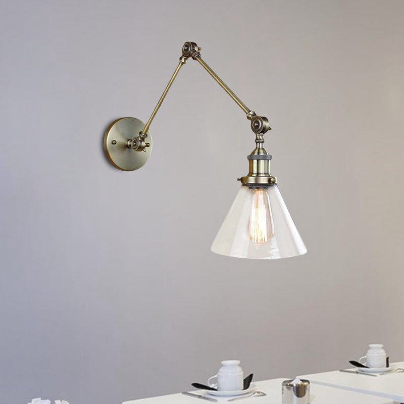 1 Light Tapered Sconce Light Fixture Vintage Style Satin Brass/Chrome/Antique Brass Clear Glass Wall Lamp for Living Room Clearhalo 'Art deco wall lights' 'Cast Iron' 'Glass' 'Industrial wall lights' 'Industrial' 'Middle century wall lights' 'Modern' 'Rustic wall lights' 'Tiffany' 'Traditional wall lights' 'Wall Lamps & Sconces' 'Wall Lights' Lighting' 1420648