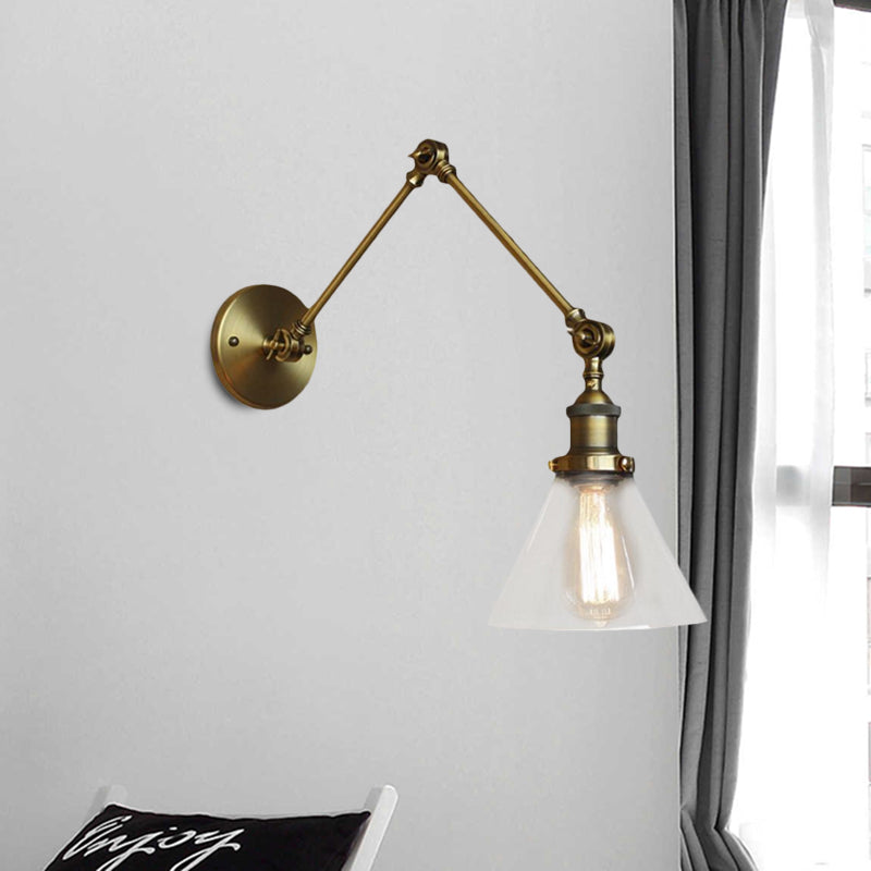 1 Light Tapered Sconce Light Fixture Vintage Style Satin Brass/Chrome/Antique Brass Clear Glass Wall Lamp for Living Room Clearhalo 'Art deco wall lights' 'Cast Iron' 'Glass' 'Industrial wall lights' 'Industrial' 'Middle century wall lights' 'Modern' 'Rustic wall lights' 'Tiffany' 'Traditional wall lights' 'Wall Lamps & Sconces' 'Wall Lights' Lighting' 1420649