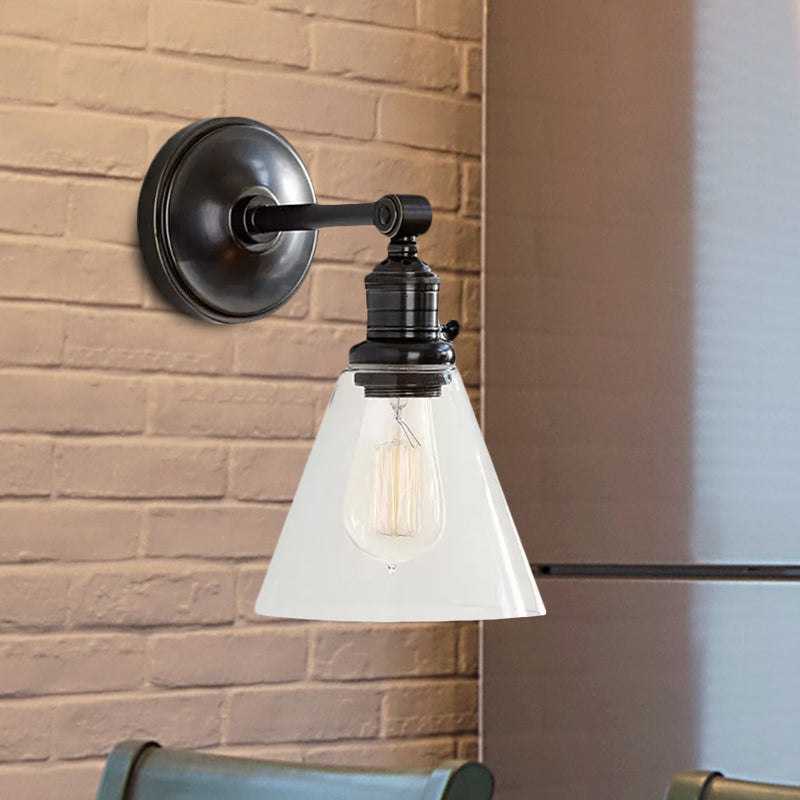 1 Light Clear Glass Wall Sconce Light Industrial Black/Chrome Cone Shade Living Room Lighting Fixture Clearhalo 'Art deco wall lights' 'Cast Iron' 'Glass' 'Industrial wall lights' 'Industrial' 'Middle century wall lights' 'Modern' 'Rustic wall lights' 'Tiffany' 'Traditional wall lights' 'Wall Lamps & Sconces' 'Wall Lights' Lighting' 1420664