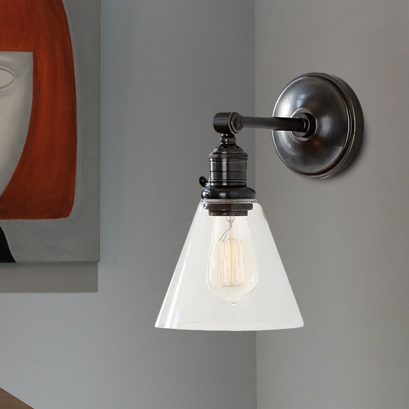 1 Light Clear Glass Wall Sconce Light Industrial Black/Chrome Cone Shade Living Room Lighting Fixture Clearhalo 'Art deco wall lights' 'Cast Iron' 'Glass' 'Industrial wall lights' 'Industrial' 'Middle century wall lights' 'Modern' 'Rustic wall lights' 'Tiffany' 'Traditional wall lights' 'Wall Lamps & Sconces' 'Wall Lights' Lighting' 1420665
