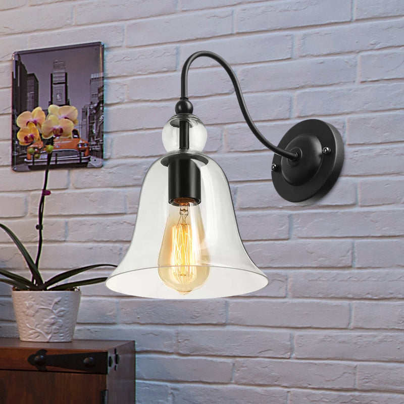 Bell Bedroom Wall Light Fixture Industrial Clear/Green/Smoked Glass 1 Light Black Sconce Lamp with Gooseneck Arm Clearhalo 'Art deco wall lights' 'Cast Iron' 'Glass' 'Industrial wall lights' 'Industrial' 'Middle century wall lights' 'Modern' 'Rustic wall lights' 'Tiffany' 'Traditional wall lights' 'Wall Lamps & Sconces' 'Wall Lights' Lighting' 1420666