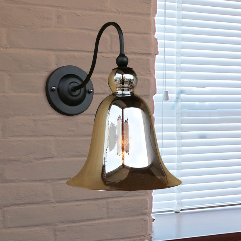 Bell Bedroom Wall Light Fixture Industrial Clear/Green/Smoked Glass 1 Light Black Sconce Lamp with Gooseneck Arm Clearhalo 'Art deco wall lights' 'Cast Iron' 'Glass' 'Industrial wall lights' 'Industrial' 'Middle century wall lights' 'Modern' 'Rustic wall lights' 'Tiffany' 'Traditional wall lights' 'Wall Lamps & Sconces' 'Wall Lights' Lighting' 1420667
