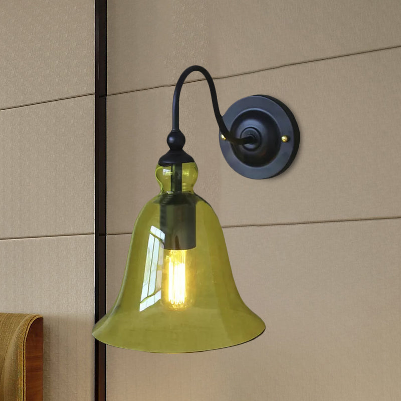 Bell Bedroom Wall Light Fixture Industrial Clear/Green/Smoked Glass 1 Light Black Sconce Lamp with Gooseneck Arm Clearhalo 'Art deco wall lights' 'Cast Iron' 'Glass' 'Industrial wall lights' 'Industrial' 'Middle century wall lights' 'Modern' 'Rustic wall lights' 'Tiffany' 'Traditional wall lights' 'Wall Lamps & Sconces' 'Wall Lights' Lighting' 1420668