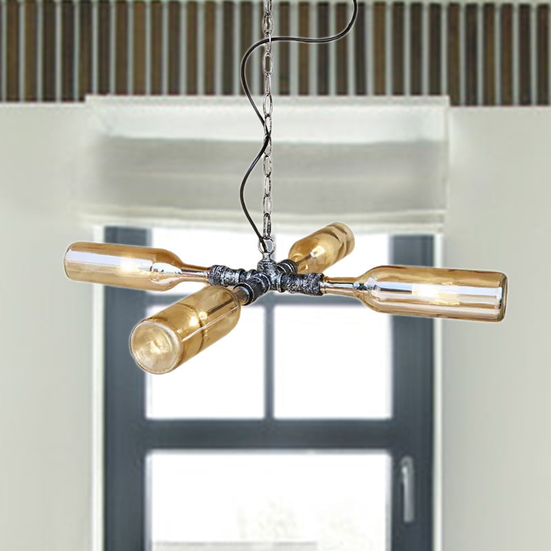Smoke Gray/Blue Bottle Ceiling Lighting Farmhouse Style Glass 3/4/5 Lights Dining Room Hanging Lamp in Aged Silver/Black Clearhalo 'Ceiling Lights' 'Glass shade' 'Glass' 'Industrial Pendants' 'Industrial' 'Island Lights' 'Middle Century Pendants' 'Pendant Lights' 'Pendants' 'Tiffany' Lighting' 1420718
