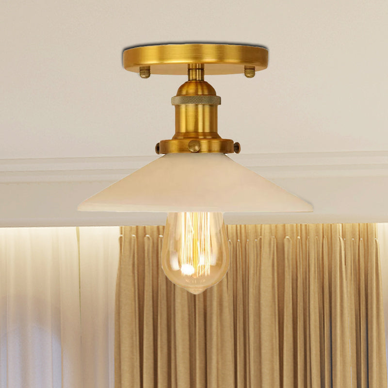 Metal Conical Semi-Flush Mount Light Vintage Style 1 Light Dining Table Ceiling Light Fixture in Bronze/Brass Finish Clearhalo 'Ceiling Lights' 'Close To Ceiling Lights' 'Close to ceiling' 'Flush mount' 'Industrial Flush Mount' Lighting' 1420821