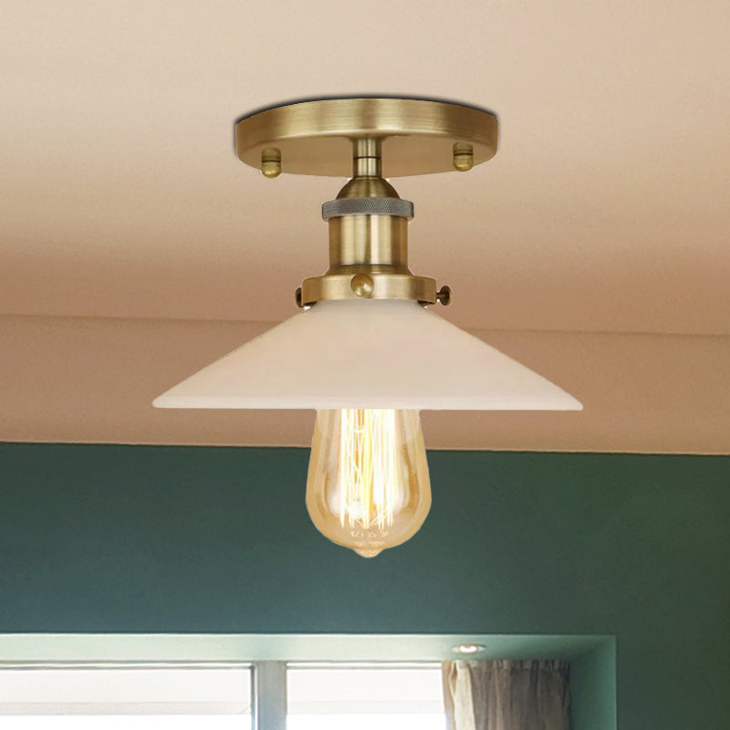 Metal Conical Semi-Flush Mount Light Vintage Style 1 Light Dining Table Ceiling Light Fixture in Bronze/Brass Finish Clearhalo 'Ceiling Lights' 'Close To Ceiling Lights' 'Close to ceiling' 'Flush mount' 'Industrial Flush Mount' Lighting' 1420822