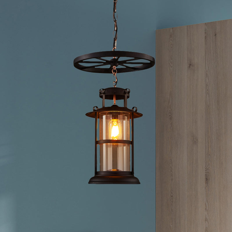 Black Single Light Pendant Ceiling Light Farmhouse Clear Glass Cylinder Lighting Fixture with Iron Wheel Clearhalo 'Art Deco Pendants' 'Black' 'Cast Iron' 'Ceiling Lights' 'Ceramic' 'Crystal' 'Industrial Pendants' 'Industrial' 'Metal' 'Middle Century Pendants' 'Pendant Lights' 'Pendants' 'Rustic Pendants' 'Tiffany' Lighting' 1420927