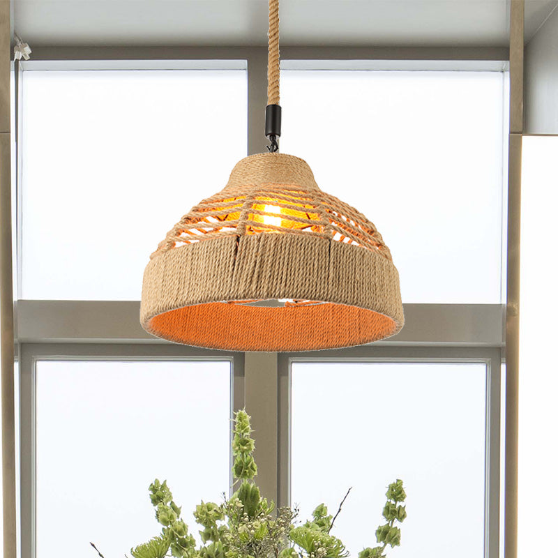 Rope Flared/Bowl Cage Shade Pendant Light Vintage Industrial 1 Head Restaurant Hanging Lamp in Beige Clearhalo 'Ceiling Lights' 'Industrial Pendants' 'Industrial' 'Middle Century Pendants' 'Pendant Lights' 'Pendants' 'Tiffany' Lighting' 1420964