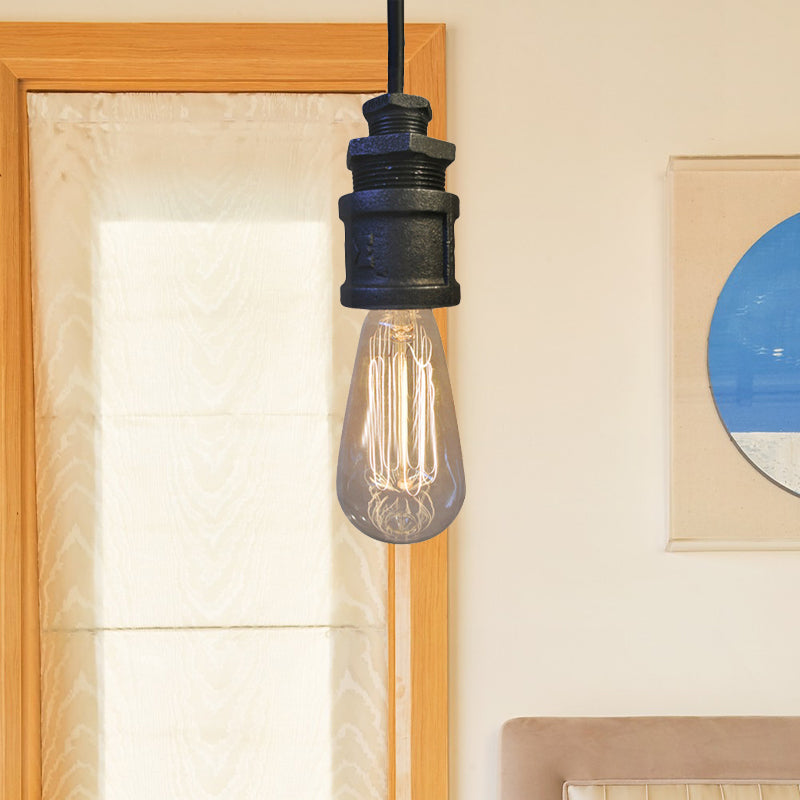 Exposed Bulb Hallway Pendant Light Industrial Metallic 1 Light Black Ceiling Fixture with Water Pipe Clearhalo 'Art Deco Pendants' 'Black' 'Cast Iron' 'Ceiling Lights' 'Ceramic' 'Crystal' 'Industrial Pendants' 'Industrial' 'Metal' 'Middle Century Pendants' 'Pendant Lights' 'Pendants' 'Rustic Pendants' 'Tiffany' Lighting' 1420987