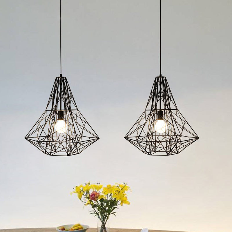 Industrial Cage Diamond Pendant Lighting 1 Head Metallic Hanging Lamp in Black/White for Dining Room, 16"/19.5" Dia Clearhalo 'Art Deco Pendants' 'Black' 'Cast Iron' 'Ceiling Lights' 'Ceramic' 'Crystal' 'Industrial Pendants' 'Industrial' 'Metal' 'Middle Century Pendants' 'Pendant Lights' 'Pendants' 'Rustic Pendants' 'Tiffany' Lighting' 1420990