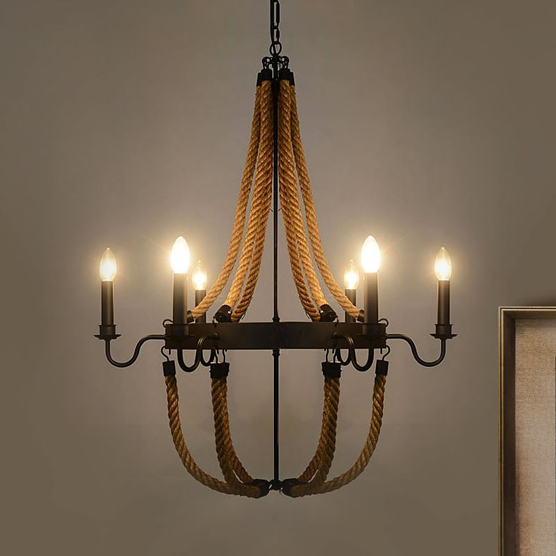 Metal Empire Chandelier Lamp Lodge Style 6/8 Lights Living Room Pendant Lighting with Rope Detail in Black Clearhalo 'Ceiling Lights' 'Chandeliers' 'Industrial Chandeliers' 'Industrial' 'Middle Century Chandeliers' 'Tiffany' Lighting' 1421137