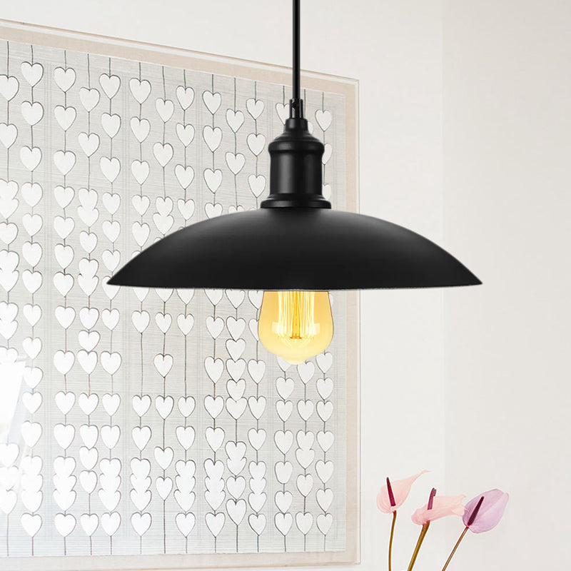 1 Head Pendant Lighting with Saucer Shade Metallic Loft Style Living Room Hanging Lamp in Black/White, 12.5"/16" W Clearhalo 'Art Deco Pendants' 'Black' 'Cast Iron' 'Ceiling Lights' 'Ceramic' 'Crystal' 'Industrial Pendants' 'Industrial' 'Metal' 'Middle Century Pendants' 'Pendant Lights' 'Pendants' 'Rustic Pendants' 'Tiffany' Lighting' 1421183