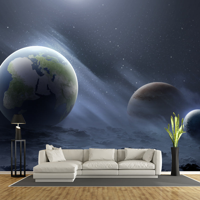 Sci-Fi Galaxy Planets Wall Murals Blue-Green Waterproofing Wall Art for Living Room Clearhalo 'Wall Decor' 'Wall Mural' 1421844