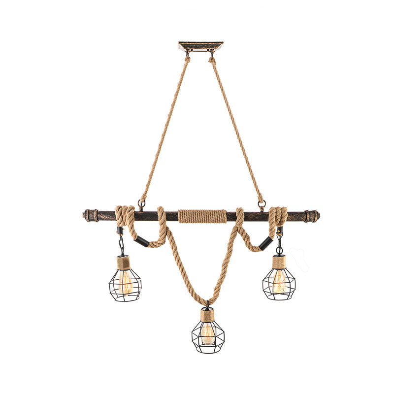 3 Head Island Lighting Vintage Style Globe Cage Metal and Rope Hanging Light in Beige for Dining Room Clearhalo 'Ceiling Lights' 'Island Lights' Lighting' 142217