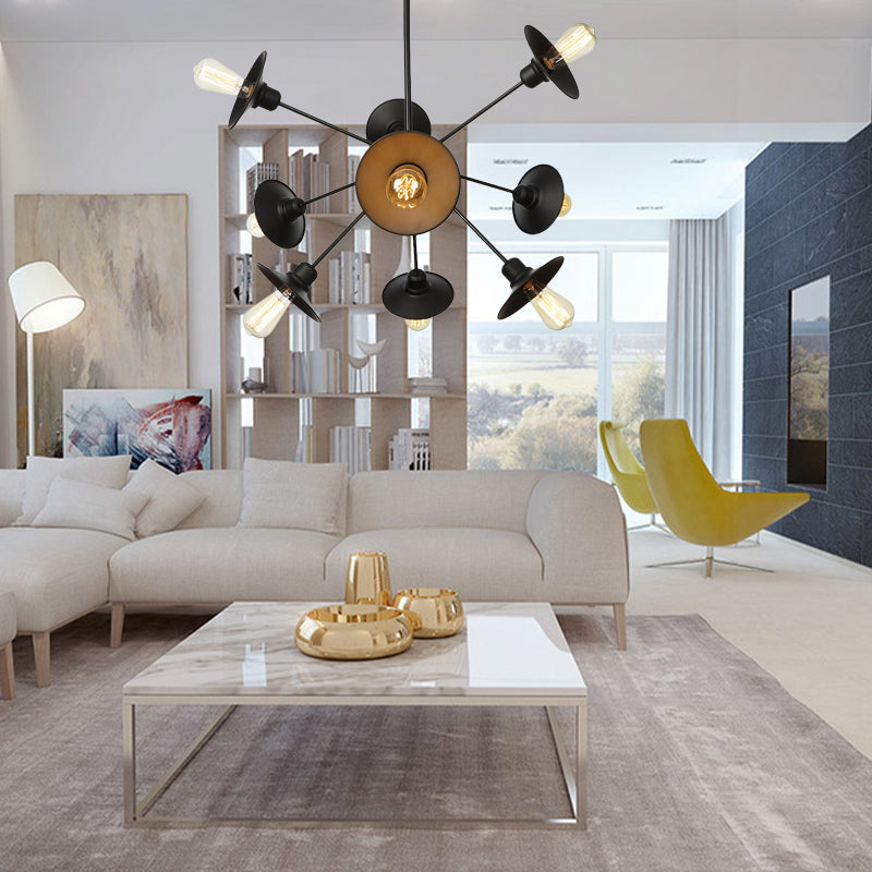 Black Flare Shade Chandelier Lighting Fixture Factory Metal 9/12/15 Lights Living Room Hanging Ceiling Light with Sputnik Design Clearhalo 'Cast Iron' 'Ceiling Lights' 'Chandeliers' 'Industrial Chandeliers' 'Industrial' 'Metal' 'Middle Century Chandeliers' 'Rustic Chandeliers' 'Tiffany' Lighting' 1422949