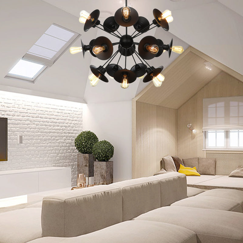 Black Flare Shade Chandelier Lighting Fixture Factory Metal 9/12/15 Lights Living Room Hanging Ceiling Light with Sputnik Design Clearhalo 'Cast Iron' 'Ceiling Lights' 'Chandeliers' 'Industrial Chandeliers' 'Industrial' 'Metal' 'Middle Century Chandeliers' 'Rustic Chandeliers' 'Tiffany' Lighting' 1422957