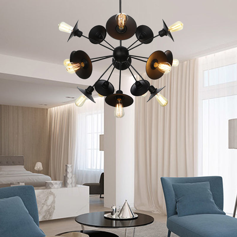 Black Flare Shade Chandelier Lighting Fixture Factory Metal 9/12/15 Lights Living Room Hanging Ceiling Light with Sputnik Design 18 Black Clearhalo 'Cast Iron' 'Ceiling Lights' 'Chandeliers' 'Industrial Chandeliers' 'Industrial' 'Metal' 'Middle Century Chandeliers' 'Rustic Chandeliers' 'Tiffany' Lighting' 1422961