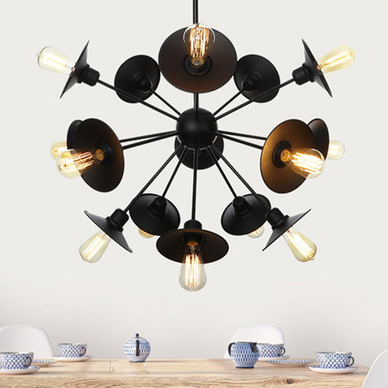 Black Flare Shade Chandelier Lighting Fixture Factory Metal 9/12/15 Lights Living Room Hanging Ceiling Light with Sputnik Design 21 Black Clearhalo 'Cast Iron' 'Ceiling Lights' 'Chandeliers' 'Industrial Chandeliers' 'Industrial' 'Metal' 'Middle Century Chandeliers' 'Rustic Chandeliers' 'Tiffany' Lighting' 1422964