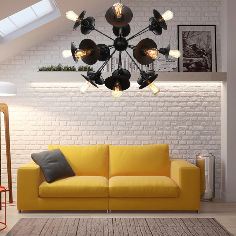 Black Flare Shade Chandelier Lighting Fixture Factory Metal 9/12/15 Lights Living Room Hanging Ceiling Light with Sputnik Design Clearhalo 'Cast Iron' 'Ceiling Lights' 'Chandeliers' 'Industrial Chandeliers' 'Industrial' 'Metal' 'Middle Century Chandeliers' 'Rustic Chandeliers' 'Tiffany' Lighting' 1422965