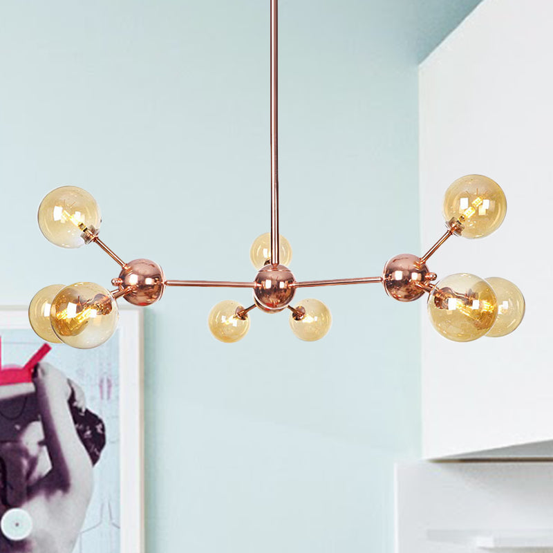 Copper 3/9/12 Lights Ceiling Chandelier Vintage Clear/Amber Glass Orb Shade Hanging Fixture with Branch Design, 13"/27.5"/34" W Clearhalo 'Cast Iron' 'Ceiling Lights' 'Chandeliers' 'Clear' 'Industrial Chandeliers' 'Industrial' 'Metal' 'Middle Century Chandeliers' 'Modern' 'Rustic Chandeliers' 'Tiffany' 'Traditional Chandeliers' Lighting' 1423093