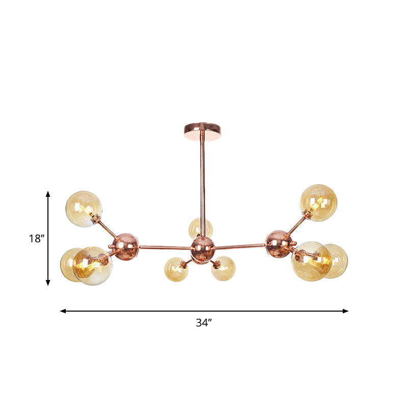 Copper 3/9/12 Lights Ceiling Chandelier Vintage Clear/Amber Glass Orb Shade Hanging Fixture with Branch Design, 13"/27.5"/34" W Clearhalo 'Cast Iron' 'Ceiling Lights' 'Chandeliers' 'Clear' 'Industrial Chandeliers' 'Industrial' 'Metal' 'Middle Century Chandeliers' 'Modern' 'Rustic Chandeliers' 'Tiffany' 'Traditional Chandeliers' Lighting' 1423096