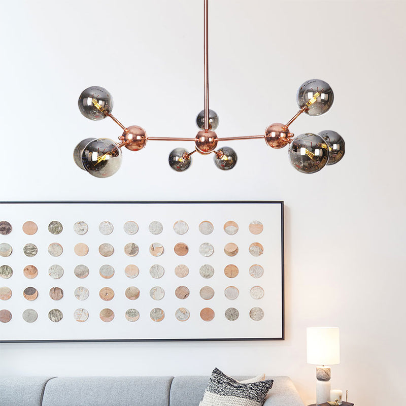 Copper 3/9/12 Lights Ceiling Chandelier Vintage Clear/Amber Glass Orb Shade Hanging Fixture with Branch Design, 13"/27.5"/34" W 9 Smoke Gray 34" Clearhalo 'Cast Iron' 'Ceiling Lights' 'Chandeliers' 'Clear' 'Industrial Chandeliers' 'Industrial' 'Metal' 'Middle Century Chandeliers' 'Modern' 'Rustic Chandeliers' 'Tiffany' 'Traditional Chandeliers' Lighting' 1423098