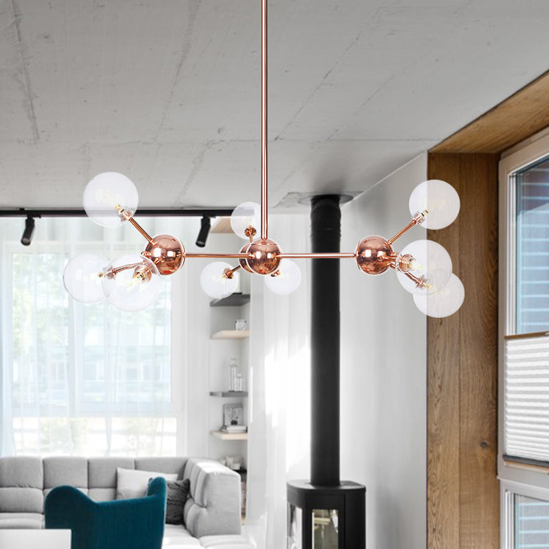 Copper 3/9/12 Lights Ceiling Chandelier Vintage Clear/Amber Glass Orb Shade Hanging Fixture with Branch Design, 13"/27.5"/34" W 9 Clear 34" Clearhalo 'Cast Iron' 'Ceiling Lights' 'Chandeliers' 'Clear' 'Industrial Chandeliers' 'Industrial' 'Metal' 'Middle Century Chandeliers' 'Modern' 'Rustic Chandeliers' 'Tiffany' 'Traditional Chandeliers' Lighting' 1423102