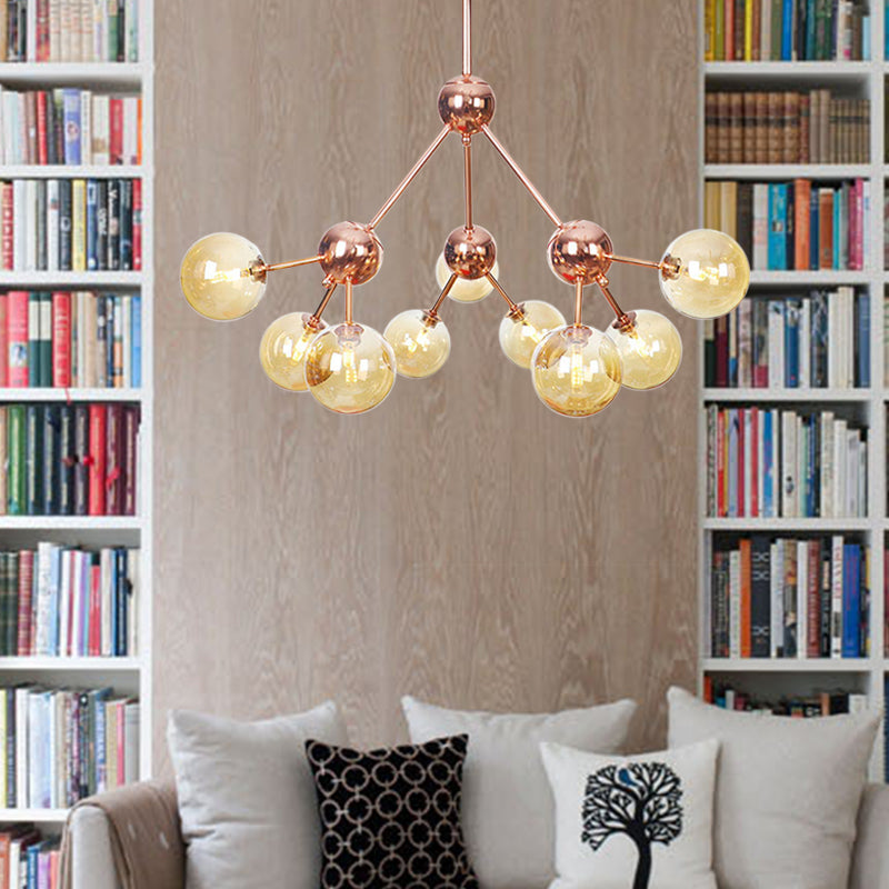 Copper 3/9/12 Lights Ceiling Chandelier Vintage Clear/Amber Glass Orb Shade Hanging Fixture with Branch Design, 13"/27.5"/34" W 9 Amber 27.5" Clearhalo 'Cast Iron' 'Ceiling Lights' 'Chandeliers' 'Clear' 'Industrial Chandeliers' 'Industrial' 'Metal' 'Middle Century Chandeliers' 'Modern' 'Rustic Chandeliers' 'Tiffany' 'Traditional Chandeliers' Lighting' 1423106