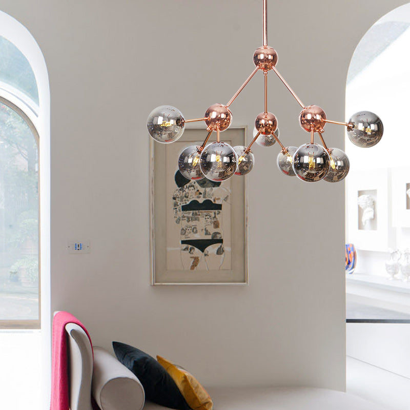 Copper 3/9/12 Lights Ceiling Chandelier Vintage Clear/Amber Glass Orb Shade Hanging Fixture with Branch Design, 13"/27.5"/34" W 9 Smoke Gray 27.5" Clearhalo 'Cast Iron' 'Ceiling Lights' 'Chandeliers' 'Clear' 'Industrial Chandeliers' 'Industrial' 'Metal' 'Middle Century Chandeliers' 'Modern' 'Rustic Chandeliers' 'Tiffany' 'Traditional Chandeliers' Lighting' 1423111