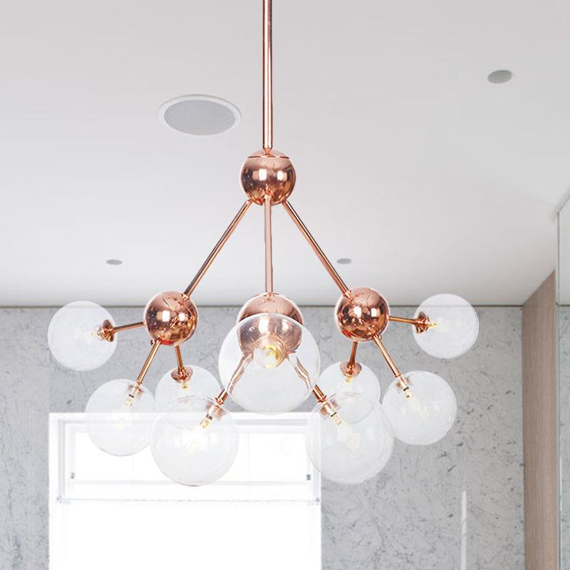 Copper 3/9/12 Lights Ceiling Chandelier Vintage Clear/Amber Glass Orb Shade Hanging Fixture with Branch Design, 13"/27.5"/34" W Clearhalo 'Cast Iron' 'Ceiling Lights' 'Chandeliers' 'Clear' 'Industrial Chandeliers' 'Industrial' 'Metal' 'Middle Century Chandeliers' 'Modern' 'Rustic Chandeliers' 'Tiffany' 'Traditional Chandeliers' Lighting' 1423114