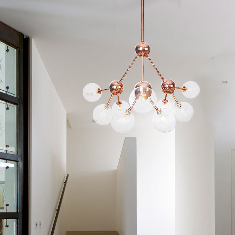 Copper 3/9/12 Lights Ceiling Chandelier Vintage Clear/Amber Glass Orb Shade Hanging Fixture with Branch Design, 13"/27.5"/34" W 9 Clear 27.5" Clearhalo 'Cast Iron' 'Ceiling Lights' 'Chandeliers' 'Clear' 'Industrial Chandeliers' 'Industrial' 'Metal' 'Middle Century Chandeliers' 'Modern' 'Rustic Chandeliers' 'Tiffany' 'Traditional Chandeliers' Lighting' 1423115