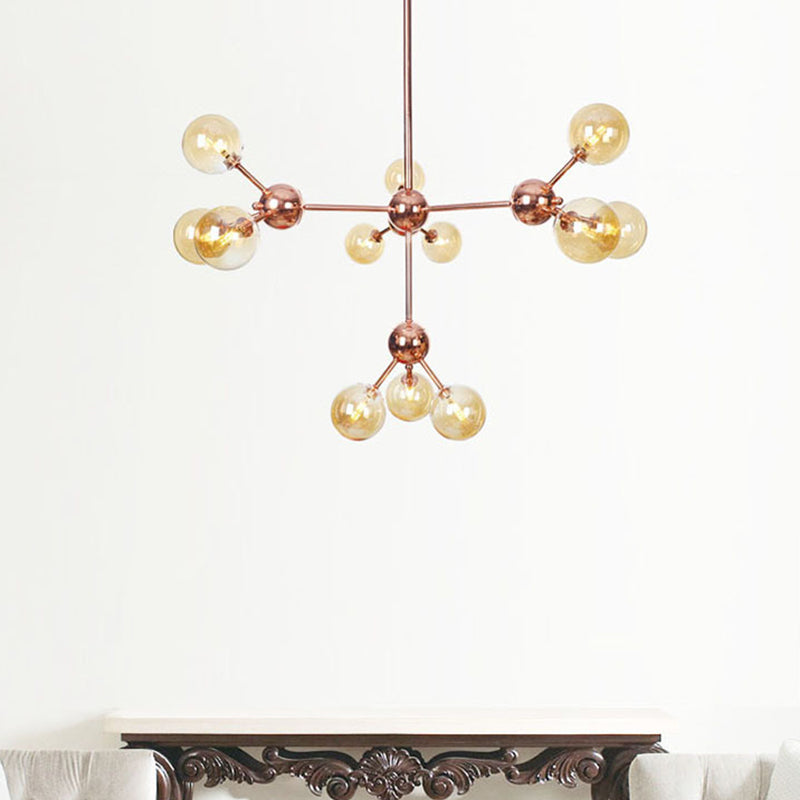 Copper 3/9/12 Lights Ceiling Chandelier Vintage Clear/Amber Glass Orb Shade Hanging Fixture with Branch Design, 13"/27.5"/34" W 12 Amber 34" Clearhalo 'Cast Iron' 'Ceiling Lights' 'Chandeliers' 'Clear' 'Industrial Chandeliers' 'Industrial' 'Metal' 'Middle Century Chandeliers' 'Modern' 'Rustic Chandeliers' 'Tiffany' 'Traditional Chandeliers' Lighting' 1423119
