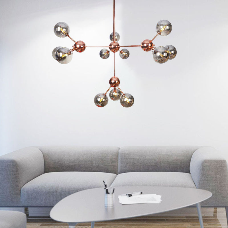 Copper 3/9/12 Lights Ceiling Chandelier Vintage Clear/Amber Glass Orb Shade Hanging Fixture with Branch Design, 13"/27.5"/34" W 12 Smoke Gray 34" Clearhalo 'Cast Iron' 'Ceiling Lights' 'Chandeliers' 'Clear' 'Industrial Chandeliers' 'Industrial' 'Metal' 'Middle Century Chandeliers' 'Modern' 'Rustic Chandeliers' 'Tiffany' 'Traditional Chandeliers' Lighting' 1423123