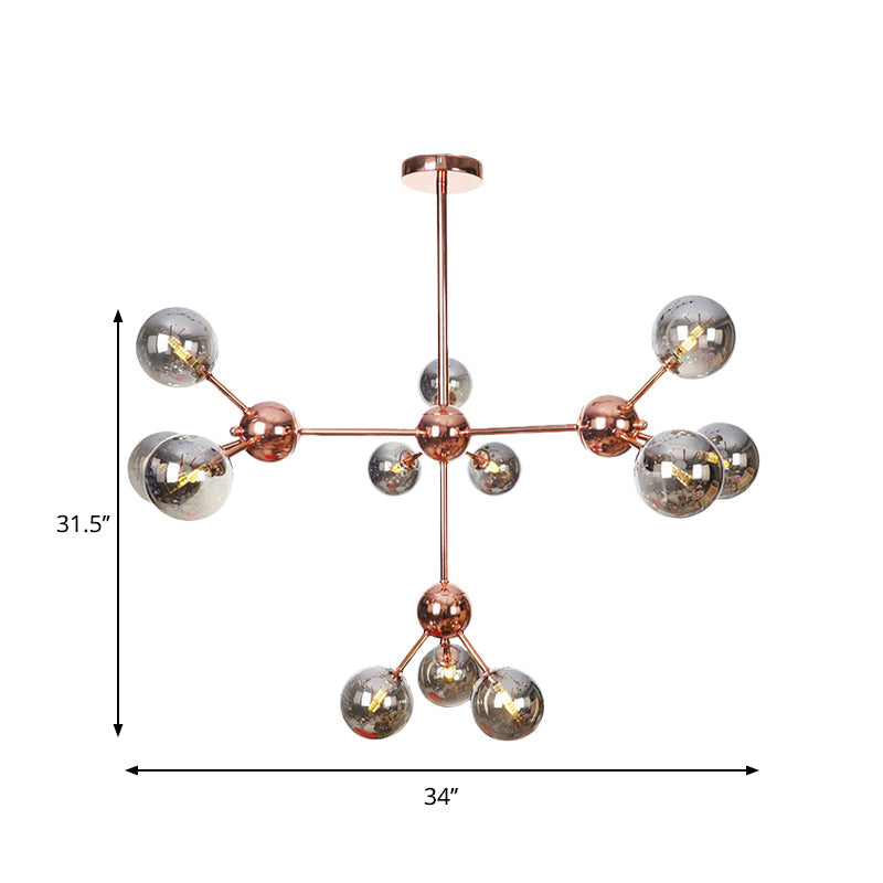 Copper 3/9/12 Lights Ceiling Chandelier Vintage Clear/Amber Glass Orb Shade Hanging Fixture with Branch Design, 13"/27.5"/34" W Clearhalo 'Cast Iron' 'Ceiling Lights' 'Chandeliers' 'Clear' 'Industrial Chandeliers' 'Industrial' 'Metal' 'Middle Century Chandeliers' 'Modern' 'Rustic Chandeliers' 'Tiffany' 'Traditional Chandeliers' Lighting' 1423125