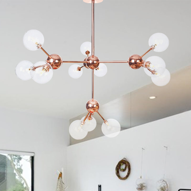 Copper 3/9/12 Lights Ceiling Chandelier Vintage Clear/Amber Glass Orb Shade Hanging Fixture with Branch Design, 13"/27.5"/34" W Clearhalo 'Cast Iron' 'Ceiling Lights' 'Chandeliers' 'Clear' 'Industrial Chandeliers' 'Industrial' 'Metal' 'Middle Century Chandeliers' 'Modern' 'Rustic Chandeliers' 'Tiffany' 'Traditional Chandeliers' Lighting' 1423126