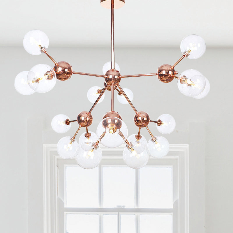 Copper 3/9/12 Lights Ceiling Chandelier Vintage Clear/Amber Glass Orb Shade Hanging Fixture with Branch Design, 13"/27.5"/34" W 18 Clear 34" Clearhalo 'Cast Iron' 'Ceiling Lights' 'Chandeliers' 'Clear' 'Industrial Chandeliers' 'Industrial' 'Metal' 'Middle Century Chandeliers' 'Modern' 'Rustic Chandeliers' 'Tiffany' 'Traditional Chandeliers' Lighting' 1423138