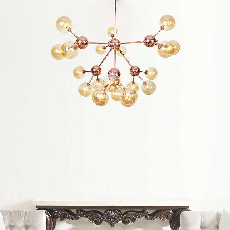 Copper 3/9/12 Lights Ceiling Chandelier Vintage Clear/Amber Glass Orb Shade Hanging Fixture with Branch Design, 13"/27.5"/34" W 21 Amber 34" Clearhalo 'Cast Iron' 'Ceiling Lights' 'Chandeliers' 'Clear' 'Industrial Chandeliers' 'Industrial' 'Metal' 'Middle Century Chandeliers' 'Modern' 'Rustic Chandeliers' 'Tiffany' 'Traditional Chandeliers' Lighting' 1423143