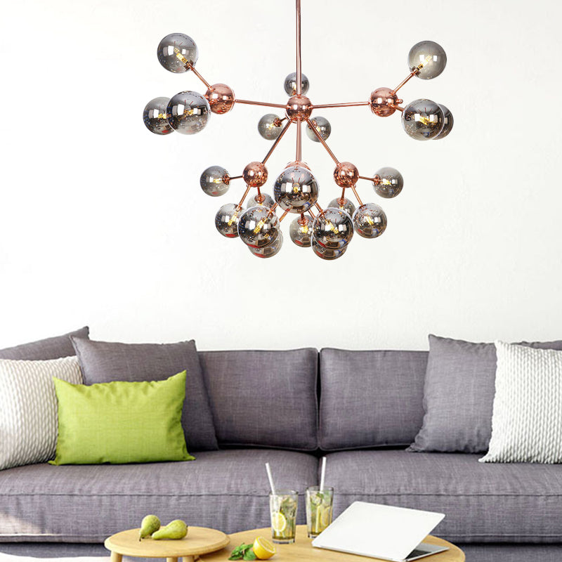 Copper 3/9/12 Lights Ceiling Chandelier Vintage Clear/Amber Glass Orb Shade Hanging Fixture with Branch Design, 13"/27.5"/34" W 18 Smoke Gray 34" Clearhalo 'Cast Iron' 'Ceiling Lights' 'Chandeliers' 'Clear' 'Industrial Chandeliers' 'Industrial' 'Metal' 'Middle Century Chandeliers' 'Modern' 'Rustic Chandeliers' 'Tiffany' 'Traditional Chandeliers' Lighting' 1423147