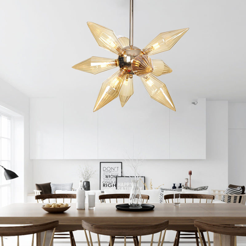 Diamond Clear/Amber Glass Chandelier Industrial 9/12/15 Heads Kitchen Pendant Lighting Fixture in Chrome/Gold 12 Gold Amber Clearhalo 'Ceiling Lights' 'Chandeliers' 'Close To Ceiling Lights' 'Glass shade' 'Glass' 'Industrial Chandeliers' 'Industrial' 'Middle Century Chandeliers' 'Tiffany' Lighting' 1423423