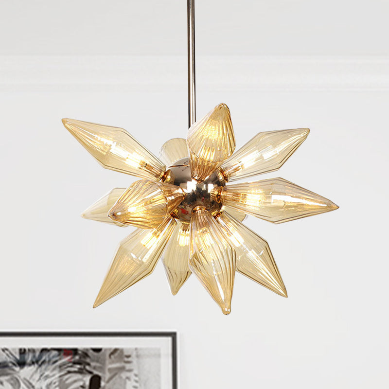 Diamond Clear/Amber Glass Chandelier Industrial 9/12/15 Heads Kitchen Pendant Lighting Fixture in Chrome/Gold Clearhalo 'Ceiling Lights' 'Chandeliers' 'Close To Ceiling Lights' 'Glass shade' 'Glass' 'Industrial Chandeliers' 'Industrial' 'Middle Century Chandeliers' 'Tiffany' Lighting' 1423438
