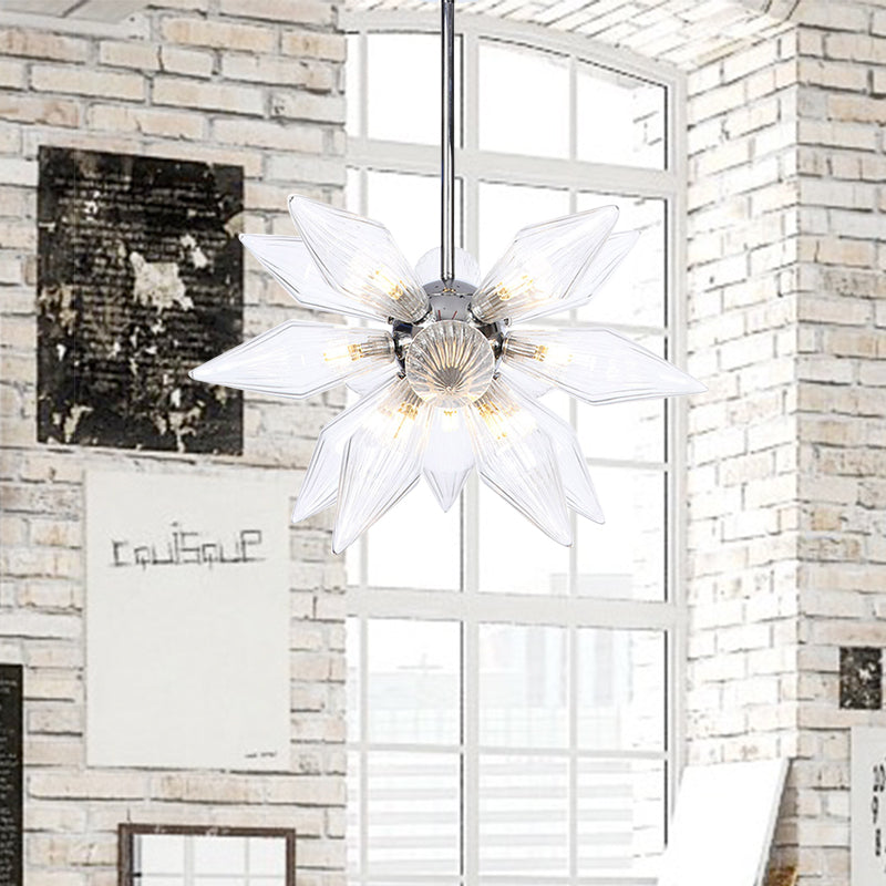 Diamond Clear/Amber Glass Chandelier Industrial 9/12/15 Heads Kitchen Pendant Lighting Fixture in Chrome/Gold 15 Chrome Clear Clearhalo 'Ceiling Lights' 'Chandeliers' 'Close To Ceiling Lights' 'Glass shade' 'Glass' 'Industrial Chandeliers' 'Industrial' 'Middle Century Chandeliers' 'Tiffany' Lighting' 1423443