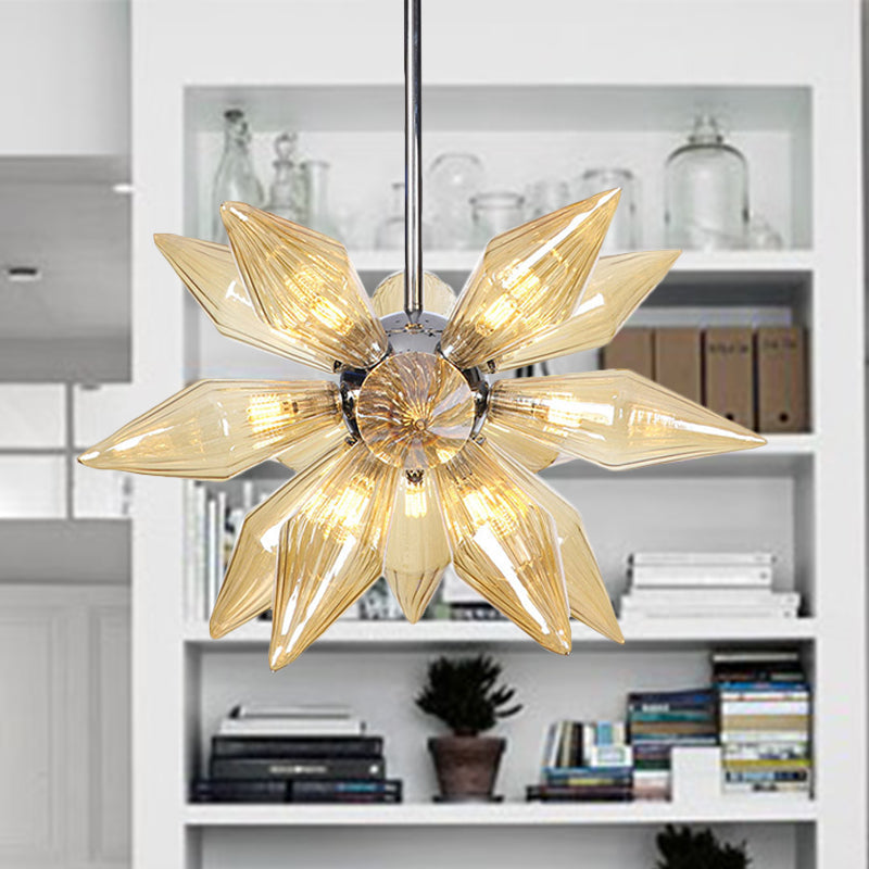 Diamond Clear/Amber Glass Chandelier Industrial 9/12/15 Heads Kitchen Pendant Lighting Fixture in Chrome/Gold Clearhalo 'Ceiling Lights' 'Chandeliers' 'Close To Ceiling Lights' 'Glass shade' 'Glass' 'Industrial Chandeliers' 'Industrial' 'Middle Century Chandeliers' 'Tiffany' Lighting' 1423450
