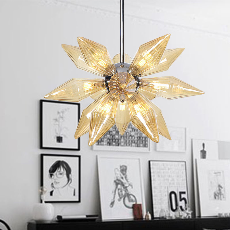 Diamond Clear/Amber Glass Chandelier Industrial 9/12/15 Heads Kitchen Pendant Lighting Fixture in Chrome/Gold Clearhalo 'Ceiling Lights' 'Chandeliers' 'Close To Ceiling Lights' 'Glass shade' 'Glass' 'Industrial Chandeliers' 'Industrial' 'Middle Century Chandeliers' 'Tiffany' Lighting' 1423451
