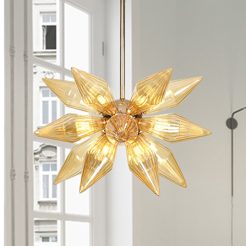 Diamond Clear/Amber Glass Chandelier Industrial 9/12/15 Heads Kitchen Pendant Lighting Fixture in Chrome/Gold Clearhalo 'Ceiling Lights' 'Chandeliers' 'Close To Ceiling Lights' 'Glass shade' 'Glass' 'Industrial Chandeliers' 'Industrial' 'Middle Century Chandeliers' 'Tiffany' Lighting' 1423454